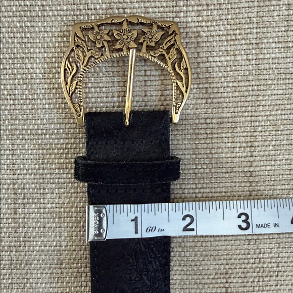 Omega Vintage Etched Suede? Belt Gold Metallic Buckle Floral Design Fits 30-34” - Picture 13 of 14